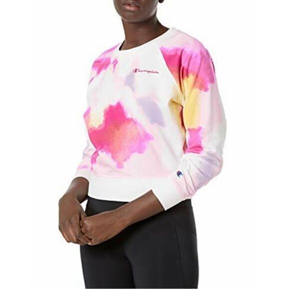 CHAMPION CAMPUS FRENCH TERRY CREWNECK SWEATSHIRT IN WHITE NEON WATERCOLOR SIZE M - Picture 1 of 11